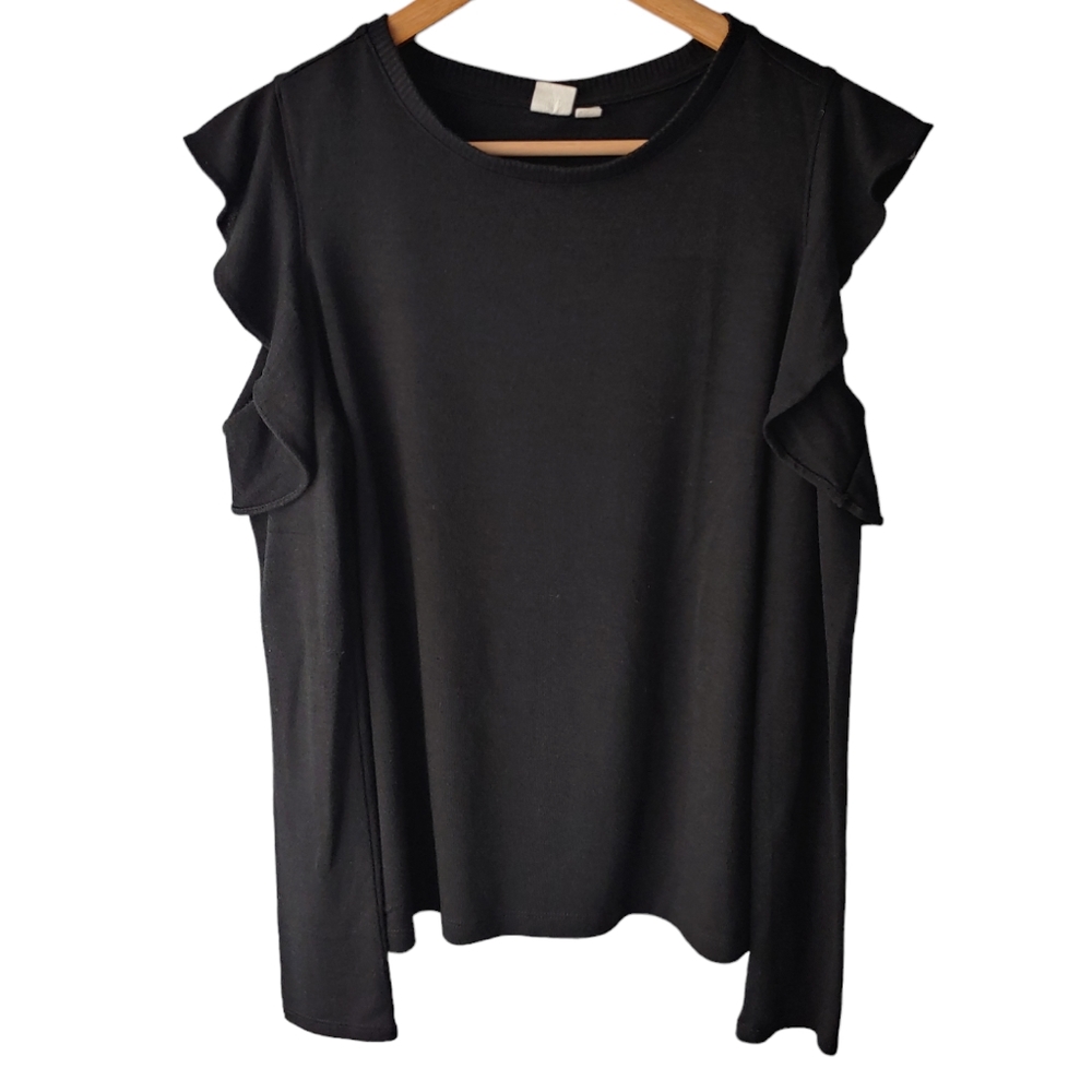 Gap Black Long Sleeve Cold Shoulder with Ruffles Lightweight Sweater Size M